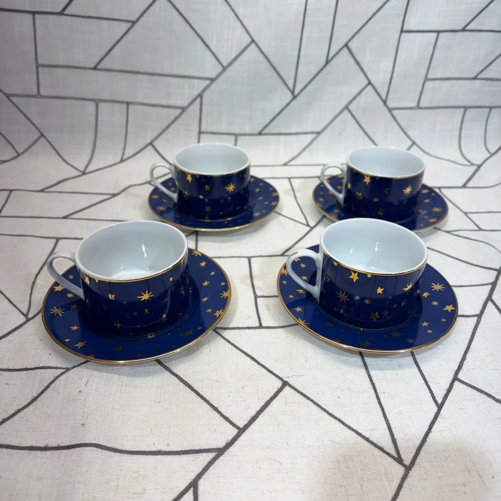 Sakura Galaxy Espresso Cup Saucer Set 4 Blue Gold Stars Celestial Porcelain